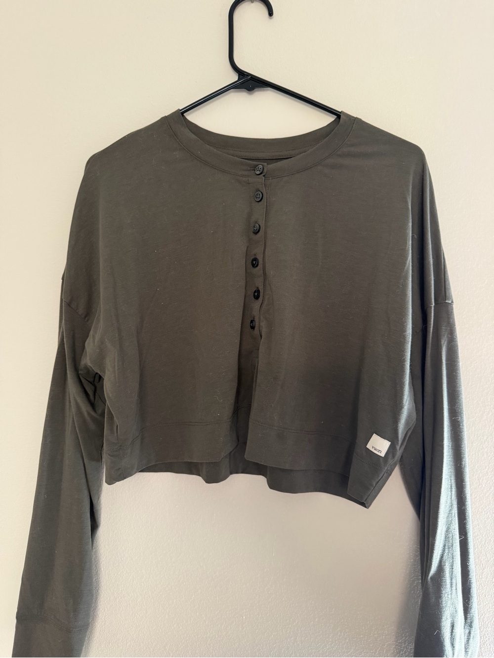 Vuori Olive Green Cropped Henley Long Sleeve Top